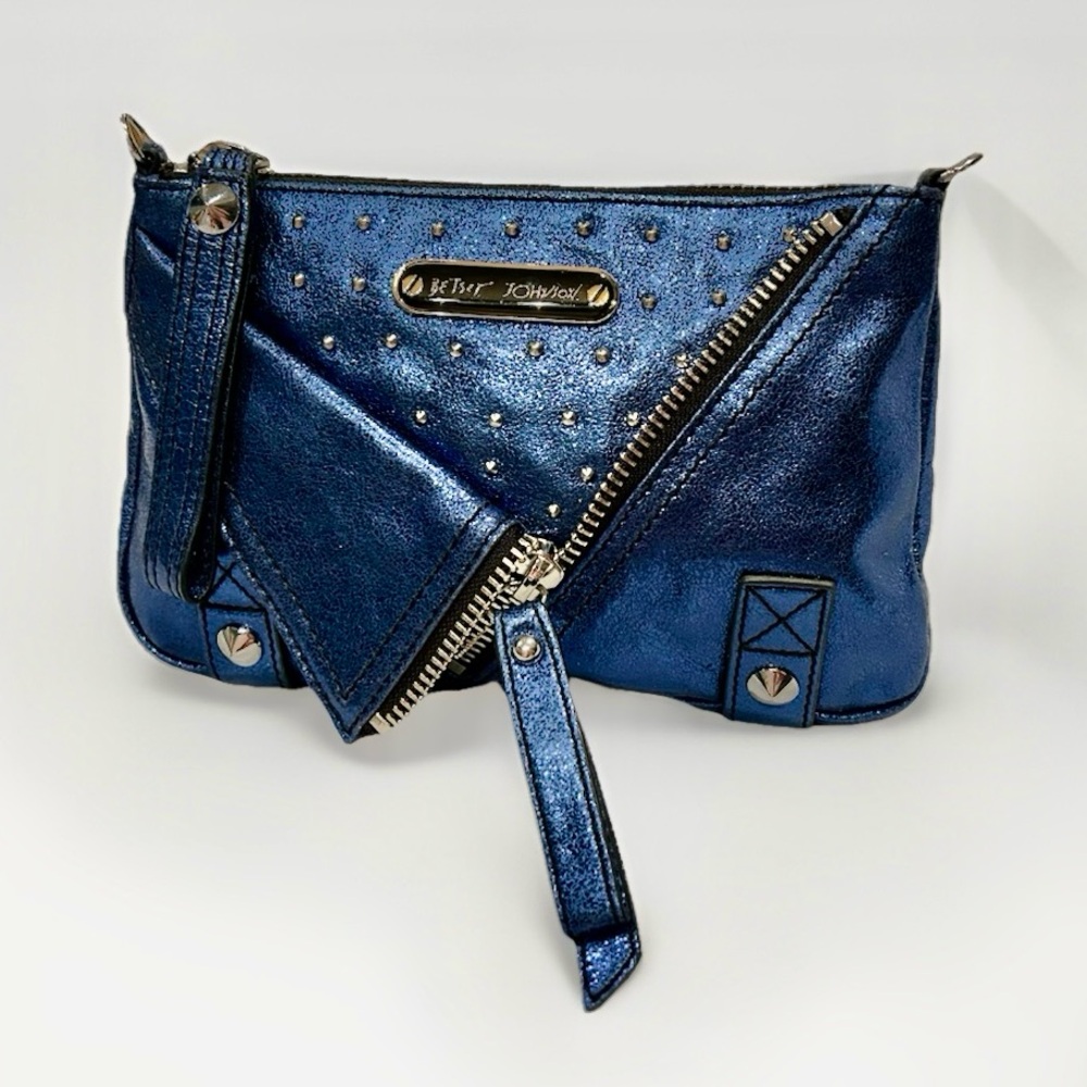 Betsey Johnson Metallic Blue Studded Zippered Clutch With Crossbody Strap EUC